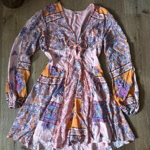 Free People patchwork floral paisley long sleeve Pink Purple mini dress Size XS